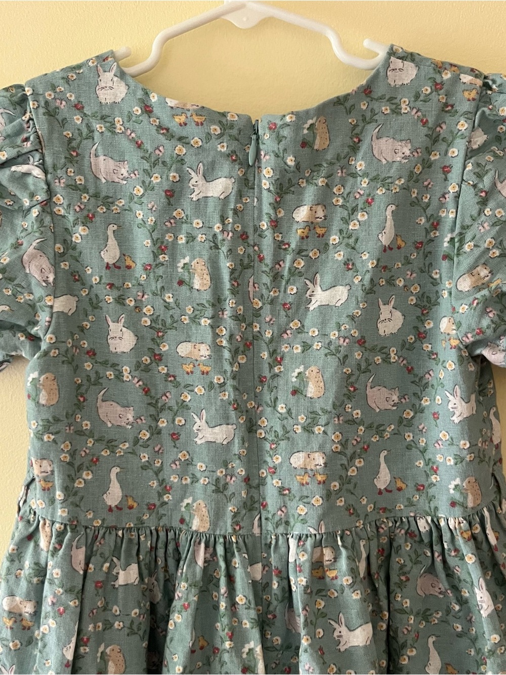 Mini Boden Linen Teal Green Bunny Goose Floral Puff-Sleeve Dress - Picture 7 of 8